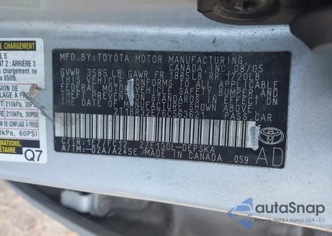 2006 Toyota Corolla S from USA, damaged, VIN 2T1BR32E76C563621